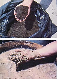 
TOP: Worm castings make excellent organic fertilizer. BOTTOM: Protein-rich grain residue serves as both a livestock feed supplement and as earthworm fodder.
